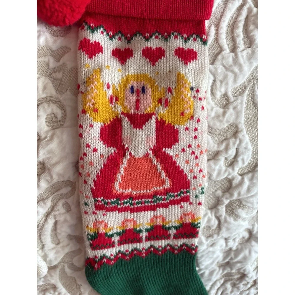 3 Vintage CHRISTMAS Stockings knit Dog, Santa/Carolers/Toys Merry Christmas 1960
